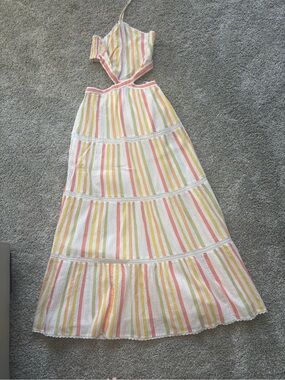 Sunday Best Striped Halter Maxi Dress in White with Pink, Yellow & Green